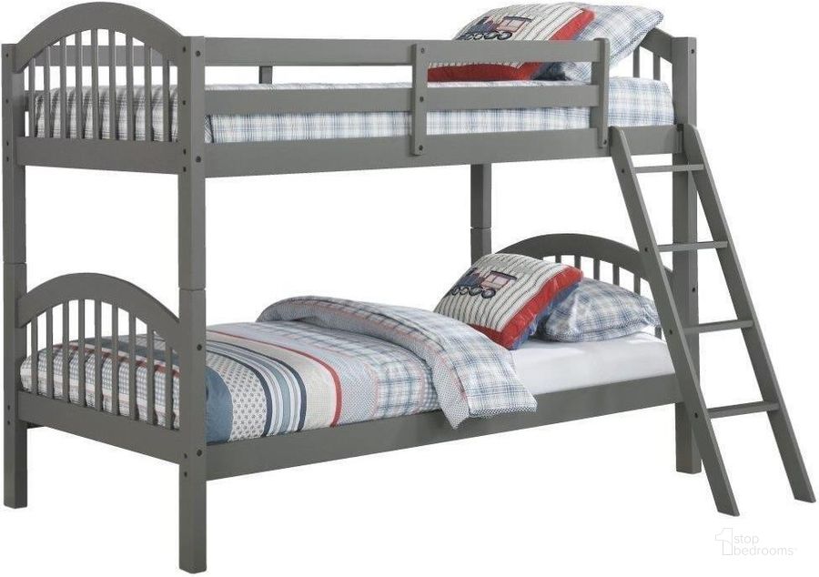 The appearance of Dana Twin Over Twin Arched Wood Bunk Bed In Grey designed by US Tamex in the transitional interior design. This gray piece of furniture  was selected by 1StopBedrooms from Dana Collection to add a touch of cosiness and style into your home. Sku: 4549931-A;4549931-B. Bed Type: Bunk Bed. Material: Wood. Product Type: Bunk Bed. Bed Size: Twin Over Twin. Image1
