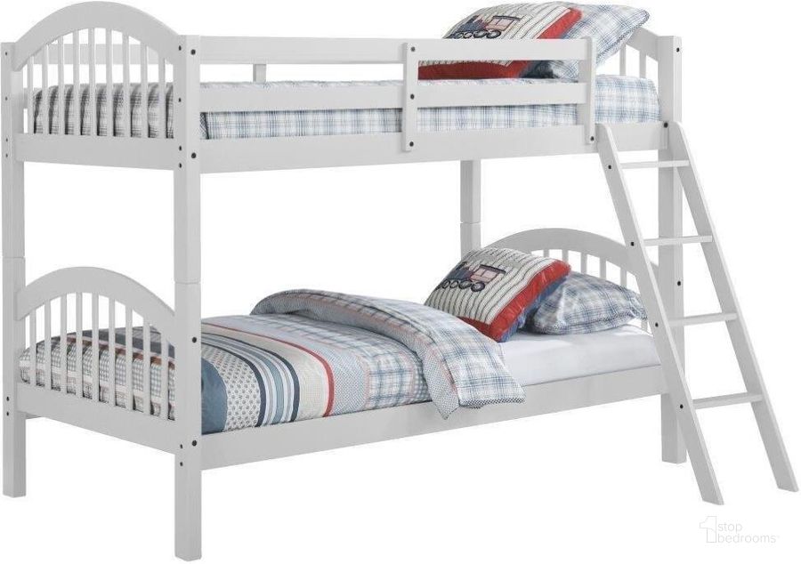 The appearance of Dana Twin Over Twin Arched Wood Bunk Bed In White designed by US Tamex in the transitional interior design. This white piece of furniture  was selected by 1StopBedrooms from Dana Collection to add a touch of cosiness and style into your home. Sku: 4549914-A;4549914-B. Bed Type: Bunk Bed. Material: Wood. Product Type: Bunk Bed. Bed Size: Twin Over Twin. Image1
