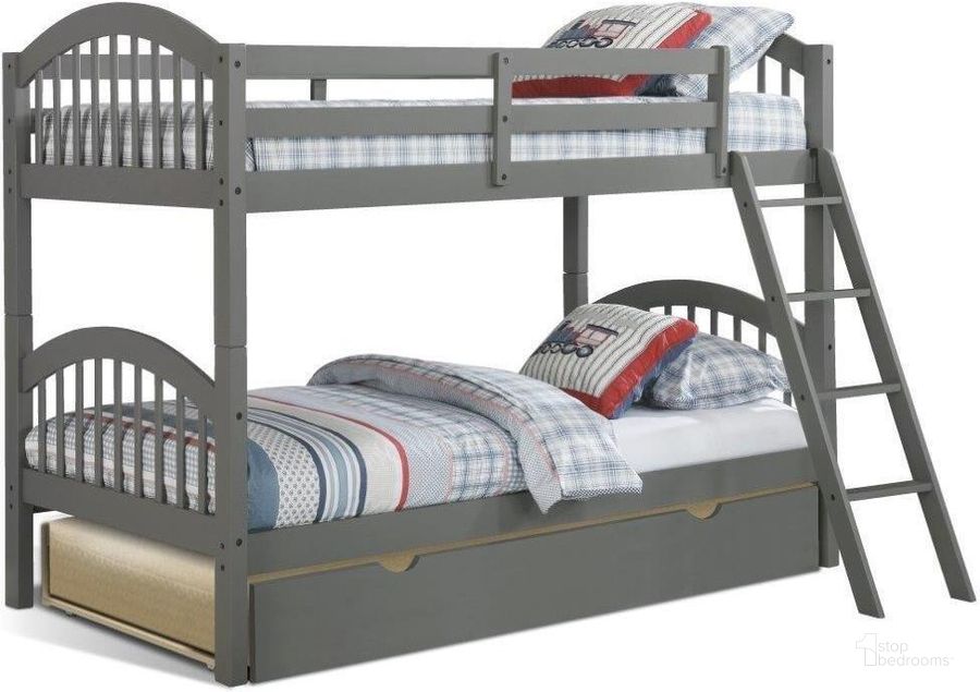 The appearance of Dana Twin Over Twin Arched Wood Bunk Bed With Trundle In Grey designed by US Tamex in the transitional interior design. This gray piece of furniture  was selected by 1StopBedrooms from Dana Collection to add a touch of cosiness and style into your home. Sku: 4549931-A;4549931-B;E4523131. Bed Type: Bunk Bed. Material: Wood. Product Type: Bunk Bed. Bed Size: Twin Over Twin. Image1