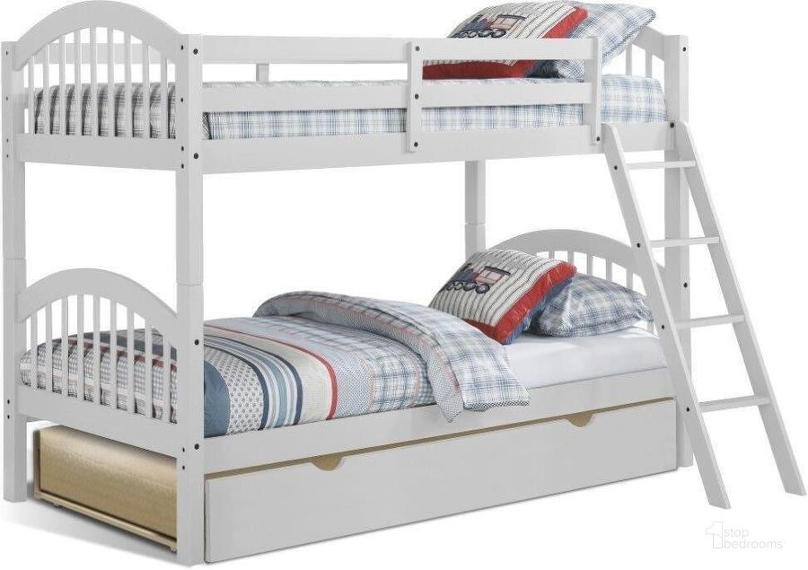 The appearance of Dana Twin Over Twin Arched Wood Bunk Bed With Trundle In White designed by US Tamex in the transitional interior design. This white piece of furniture  was selected by 1StopBedrooms from Dana Collection to add a touch of cosiness and style into your home. Sku: 4549914-A;4549914-B;E4523114. Bed Type: Bunk Bed. Material: Wood. Product Type: Bunk Bed. Bed Size: Twin Over Twin. Image1