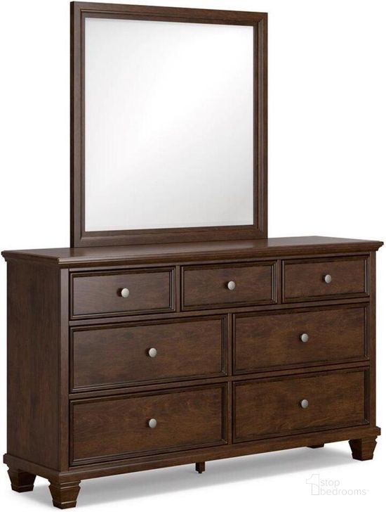 The appearance of Danabrin Dresser and Mirror In Brown designed by Signature Design by Ashley in the transitional interior design. This brown piece of furniture  was selected by 1StopBedrooms from Danabrin Collection to add a touch of cosiness and style into your home. Sku: B685-31;B685-36. Material: Wood. Product Type: Dresser and Mirror. Image1