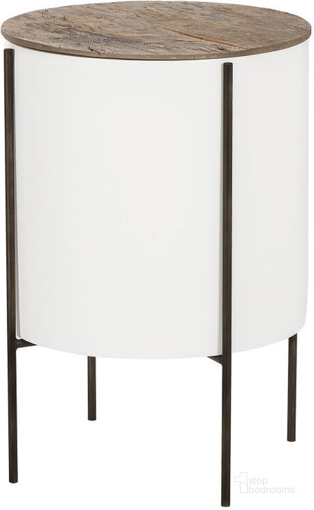 The appearance of Danica 17 Inch Tube Side Table In Ivory and White designed by Sonder Living in the modern / contemporary interior design. This ivory and white piece of furniture  was selected by 1StopBedrooms from Danica Collection to add a touch of cosiness and style into your home. Sku: FG0701276. Material: Wood. Product Type: Side Table. Image1