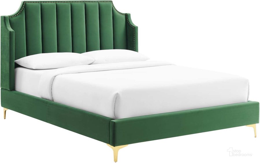 The appearance of Daniella Performance Velvet Queen Platform Bed MOD-6412-EME designed by Modway in the modern / contemporary interior design. This emerald piece of furniture  was selected by 1StopBedrooms from Daniella Collection to add a touch of cosiness and style into your home. Sku: MOD-6412-EME. Bed Type: Platform Bed. Product Type: Platform Bed. Bed Size: Queen. Material: MDF. Image1