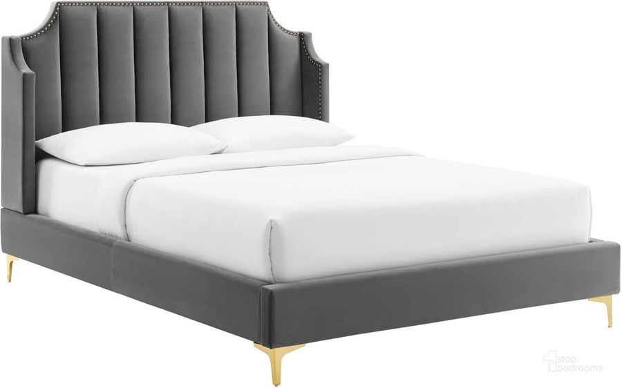The appearance of Daniella Performance Velvet Queen Platform Bed MOD-6412-GRY designed by Modway in the modern / contemporary interior design. This gray piece of furniture  was selected by 1StopBedrooms from Daniella Collection to add a touch of cosiness and style into your home. Sku: MOD-6412-GRY. Bed Type: Platform Bed. Product Type: Platform Bed. Bed Size: Queen. Material: MDF. Image1