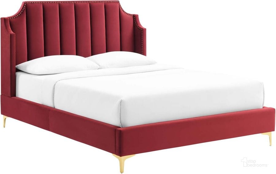 The appearance of Daniella Performance Velvet Queen Platform Bed MOD-6412-MAR designed by Modway in the modern / contemporary interior design. This maroon piece of furniture  was selected by 1StopBedrooms from Daniella Collection to add a touch of cosiness and style into your home. Sku: MOD-6412-MAR. Bed Type: Platform Bed. Product Type: Platform Bed. Bed Size: Queen. Material: MDF. Image1