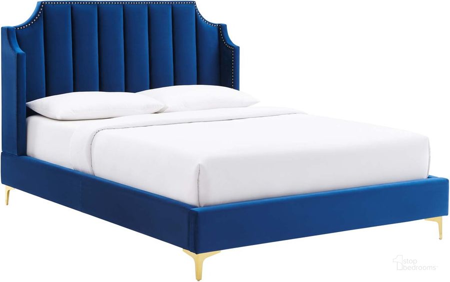 The appearance of Daniella Performance Velvet Queen Platform Bed MOD-6412-NAV designed by Modway in the modern / contemporary interior design. This navy piece of furniture  was selected by 1StopBedrooms from Daniella Collection to add a touch of cosiness and style into your home. Sku: MOD-6412-NAV. Bed Type: Platform Bed. Product Type: Platform Bed. Bed Size: Queen. Material: MDF. Image1