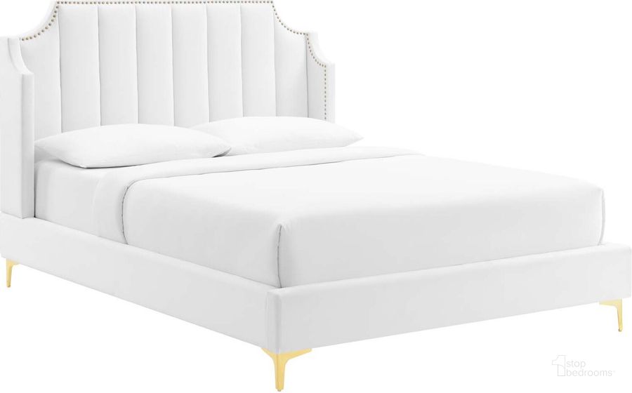 The appearance of Daniella Performance Velvet Queen Platform Bed MOD-6412-WHI designed by Modway in the modern / contemporary interior design. This white piece of furniture  was selected by 1StopBedrooms from Daniella Collection to add a touch of cosiness and style into your home. Sku: MOD-6412-WHI. Bed Type: Platform Bed. Product Type: Platform Bed. Bed Size: Queen. Material: MDF. Image1