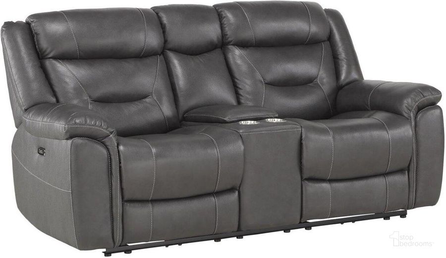 The appearance of Danio Dark Gray Leather Kennett Power Double Reclining Loveseat With Console And Power Headrest designed by Homelegance in the modern / contemporary interior design. This gray piece of furniture  was selected by 1StopBedrooms from Danio Collection to add a touch of cosiness and style into your home. Sku: 9528DGY-2PWH. Material: Wood. Product Type: Loveseat. Image1