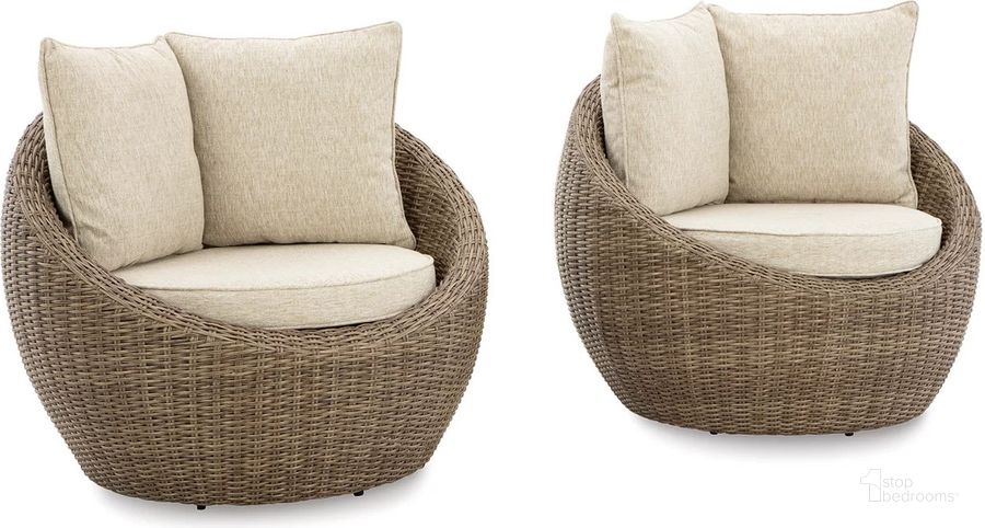 The appearance of Danson Beige Swivel Lounge W/Cushion Set Of 2 designed by Signature Design by Ashley in the transitional interior design. This beige piece of furniture  was selected by 1StopBedrooms from Danson Collection to add a touch of cosiness and style into your home. Sku: P505-821. Material: Fabric. Product Type: Outdoor Chaise Lounge. Image1