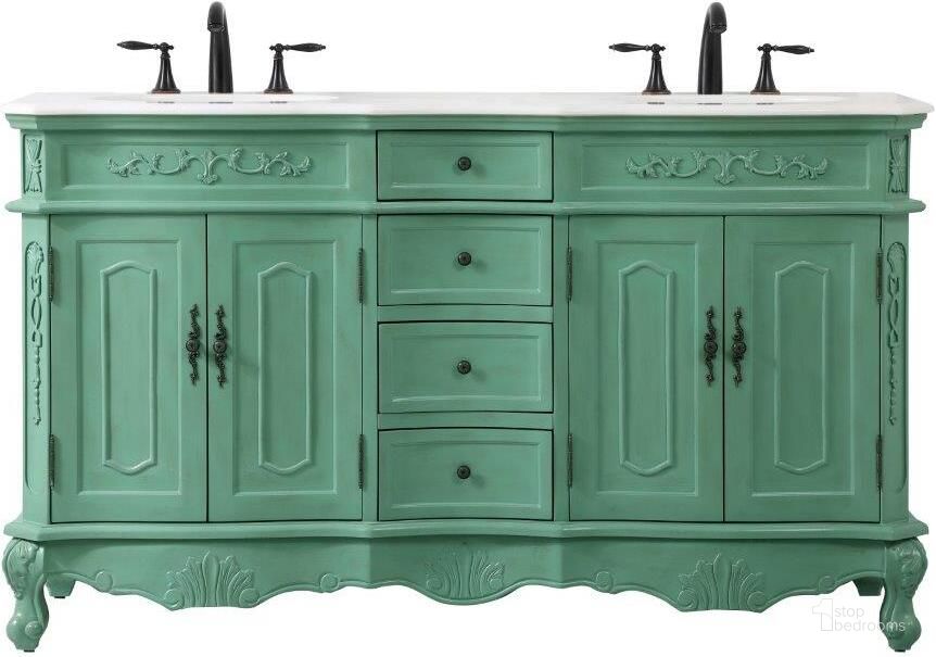 The appearance of Danville 60 Inch Double Bathroom Vanity In Vintage Mint designed by Elegant Lighting in the traditional interior design. This mint piece of furniture  was selected by 1StopBedrooms from Danville Collection to add a touch of cosiness and style into your home. Sku: VF10160DVM. Material: Wood. Product Type: Bathroom Vanity. Image1
