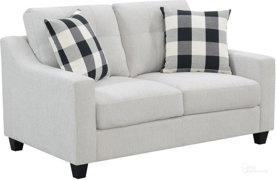 The appearance of Darcey Loveseat In Beige designed by Emerald Home Furnishings in the modern / contemporary interior design. This beige piece of furniture  was selected by 1StopBedrooms from Darcey Collection to add a touch of cosiness and style into your home. Sku: U3471-01-09. Material: Polyester. Product Type: Loveseat. Image1