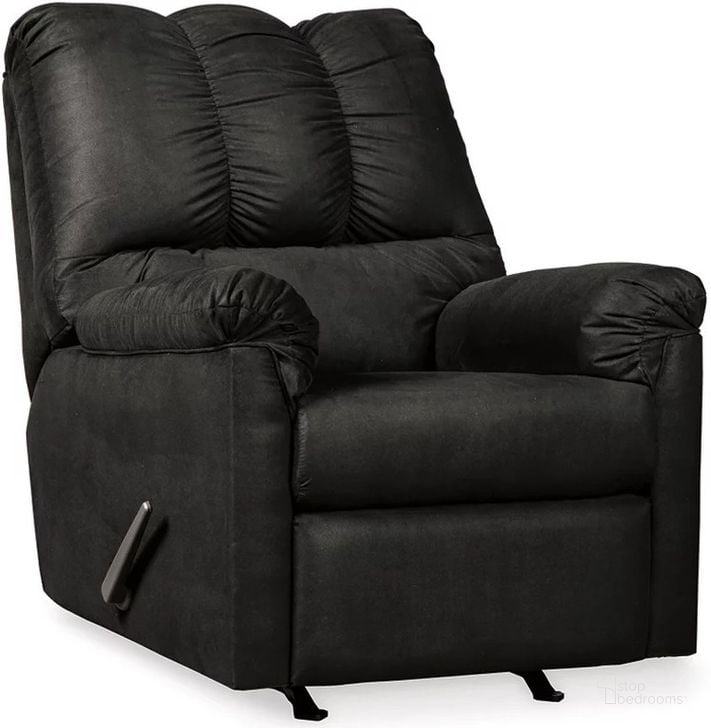 The appearance of Darcy Rocker Recliner In Black designed by Signature Design by Ashley in the modern / contemporary interior design. This black piece of furniture  was selected by 1StopBedrooms from Darcy Collection to add a touch of cosiness and style into your home. Sku: 7500825. Material: Fabric. Product Type: Rocker Recliner. Image1