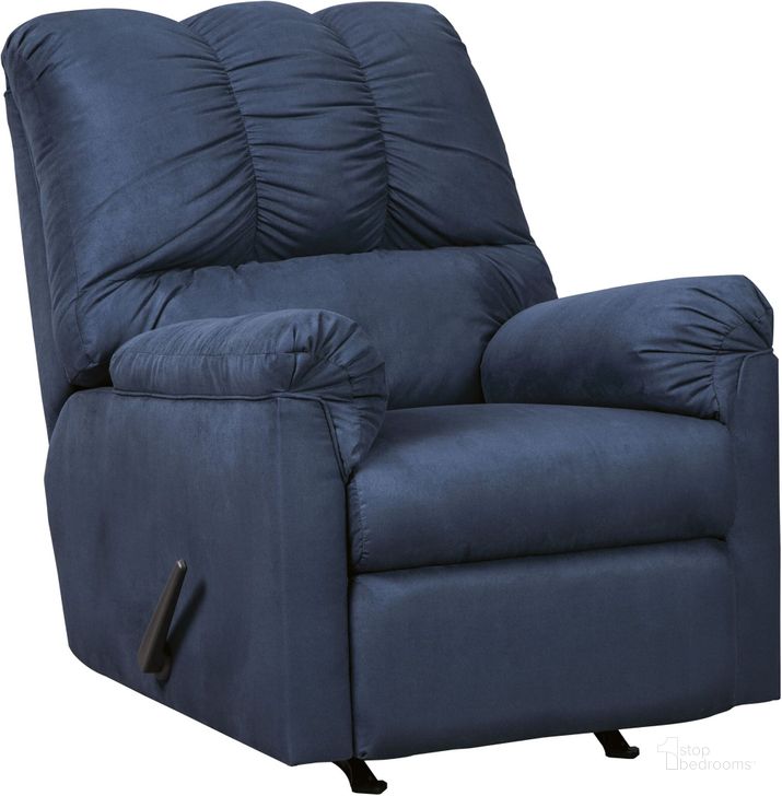 The appearance of Darcy Rocker Recliner In Blue designed by Signature Design by Ashley in the modern / contemporary interior design. This blue piece of furniture  was selected by 1StopBedrooms from Darcy Collection to add a touch of cosiness and style into your home. Sku: 7500725. Material: Fabric. Product Type: Rocker Recliner. Image1
