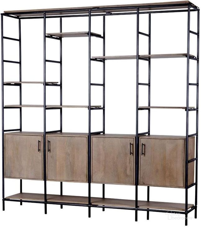 The appearance of Darius Medium Brown Wood And Metal Multi-Shelf Shelving Unit designed by Mercana in the modern / contemporary interior design. This black and brown piece of furniture  was selected by 1StopBedrooms from Darius Collection to add a touch of cosiness and style into your home. Sku: 68206-ABC. Material: Wood. Product Type: Bookcase. Image1