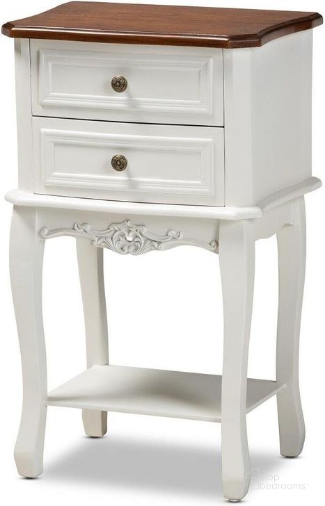The appearance of Darla Classic and Traditional French White and Cherry Brown Finished Wood 2-Drawer Nightstand designed by Baxton Studio in the traditional interior design. This white piece of furniture  was selected by 1StopBedrooms from Darla Collection to add a touch of cosiness and style into your home. Sku: JY-132041-2DW NS. Product Type: Nightstand. Material: MDF. Image1