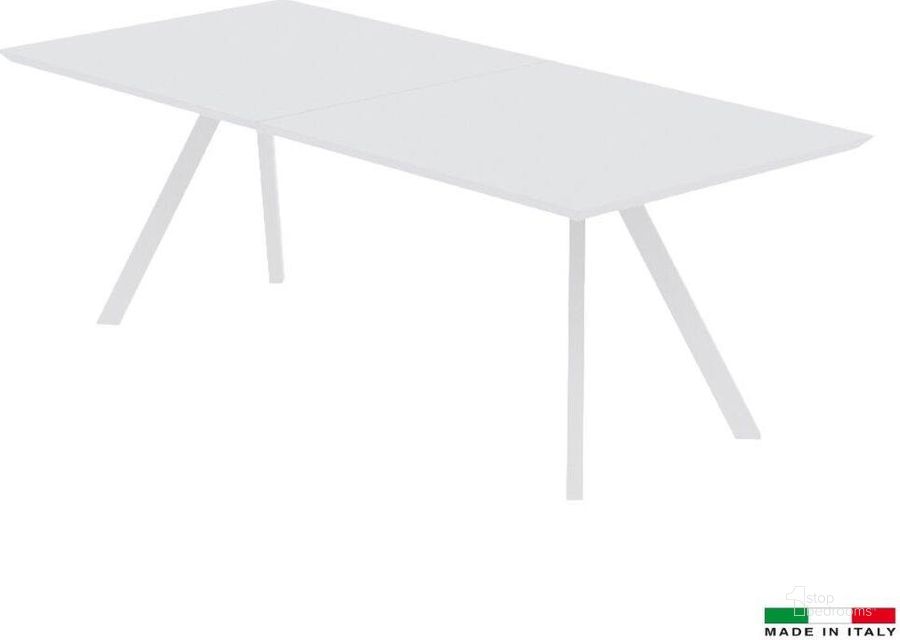 The appearance of Dasy Extension Dining Table In White designed by Bellini Modern Living in the modern / contemporary interior design. This white piece of furniture  was selected by 1StopBedrooms from Dasy Collection to add a touch of cosiness and style into your home. Sku: Dasy EXT DT WHT. Table Base Style: Legs. Material: Metal. Product Type: Dining Table. Table Top Shape: Rectangular. Size: 126". Image1