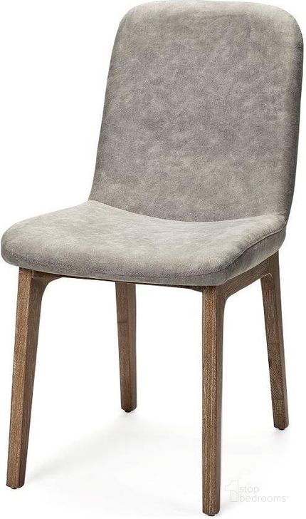 The appearance of David Grey Fabric Wrap Medium Brown Wood Base Dining Chair Set of 2 designed by Mercana in the modern / contemporary interior design. This brown and grey piece of furniture  was selected by 1StopBedrooms from David Collection to add a touch of cosiness and style into your home. Sku: 68318. Material: Wood. Product Type: Dining Chair. Image1