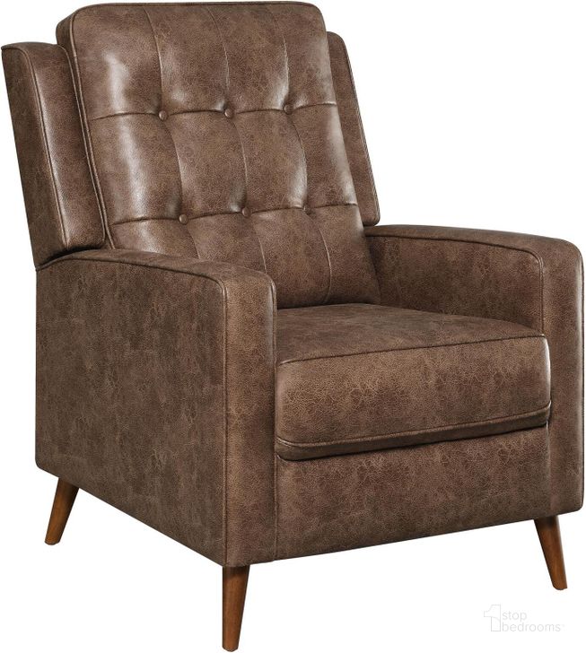 The appearance of Davidson Upholstered Tufted Push Back Recliner In Brown designed by Coaster in the modern / contemporary interior design. This brown piece of furniture  was selected by 1StopBedrooms from Davidson Collection to add a touch of cosiness and style into your home. Sku: 609566. Material: Upholstered. Product Type: Recliner. Image1