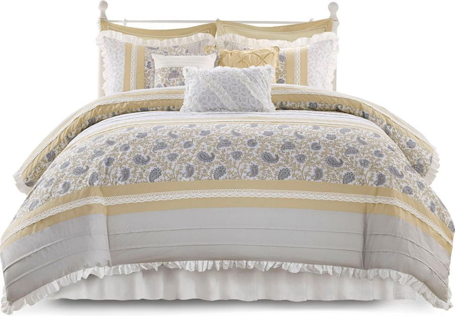 The appearance of Dawn Polyester And Cotton Percale Printed 9 Piece Queen Comforter Set In Yellow designed by Olliix in the country / farmhouse interior design. This yellow piece of furniture  was selected by 1StopBedrooms from Dawn Collection to add a touch of cosiness and style into your home. Sku: MP10-7277. Material: Polyester. Bed Size: Queen. Product Type: Comforter Set. Image1