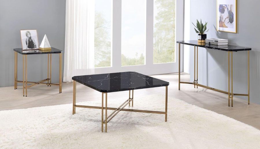The appearance of Daxton Black And Gold Faux Marble Square Occasional Table Set designed by Steve Silver in the transitional interior design. This black and gold piece of furniture  was selected by 1StopBedrooms from Daxton Collection to add a touch of cosiness and style into your home. Sku: DX100C;DX100E. Material: MDF. Product Type: Occasional Table Set. Image1