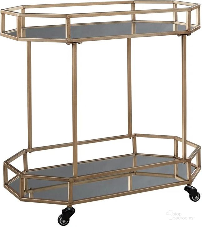 The appearance of Daymont Gold Bar Cart designed by Signature Design by Ashley in the modern / contemporary interior design. This gold piece of furniture  was selected by 1StopBedrooms from Daymont Collection to add a touch of cosiness and style into your home. Sku: A4000102. Material: Metal. Product Type: Serving Cart. Image1