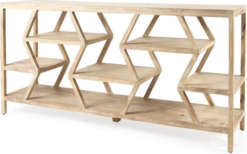 The appearance of Dayton Ii Natural Wooden Multi-Level Shelf Console Table designed by Mercana in the modern / contemporary interior design. This natural piece of furniture  was selected by 1StopBedrooms from Dayton Collection to add a touch of cosiness and style into your home. Sku: 68501. Material: Wood. Product Type: Console Table. Image1
