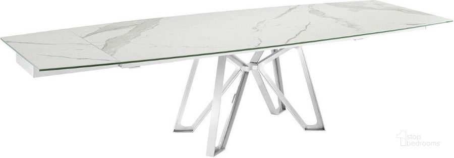 The appearance of Dcota Manual Dining Table With Brushed Stainless Steel Base and White Marbled Top designed by Casabianca Home in the modern / contemporary interior design. This white piece of furniture  was selected by 1StopBedrooms from Dcota Collection to add a touch of cosiness and style into your home. Sku: TC-MAN10BSMAR. Table Base Style: Trestle. Product Type: Dining Table. Table Top Shape: Rectangular. Material: Stainless Steel. Size: 71". Image1