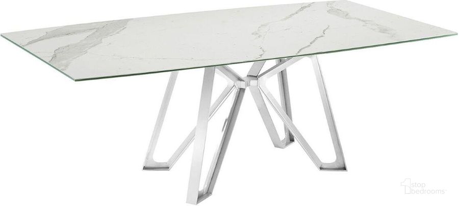 The appearance of Dcota Dining Table With Brushed Stainless Steel Base and White Marbled Top designed by Casabianca Home in the modern / contemporary interior design. This white piece of furniture  was selected by 1StopBedrooms from Dcota Collection to add a touch of cosiness and style into your home. Sku: TC-MFIX10BSMAR. Table Base Style: Trestle. Product Type: Dining Table. Table Top Shape: Rectangular. Material: Stainless Steel. Size: 71.
