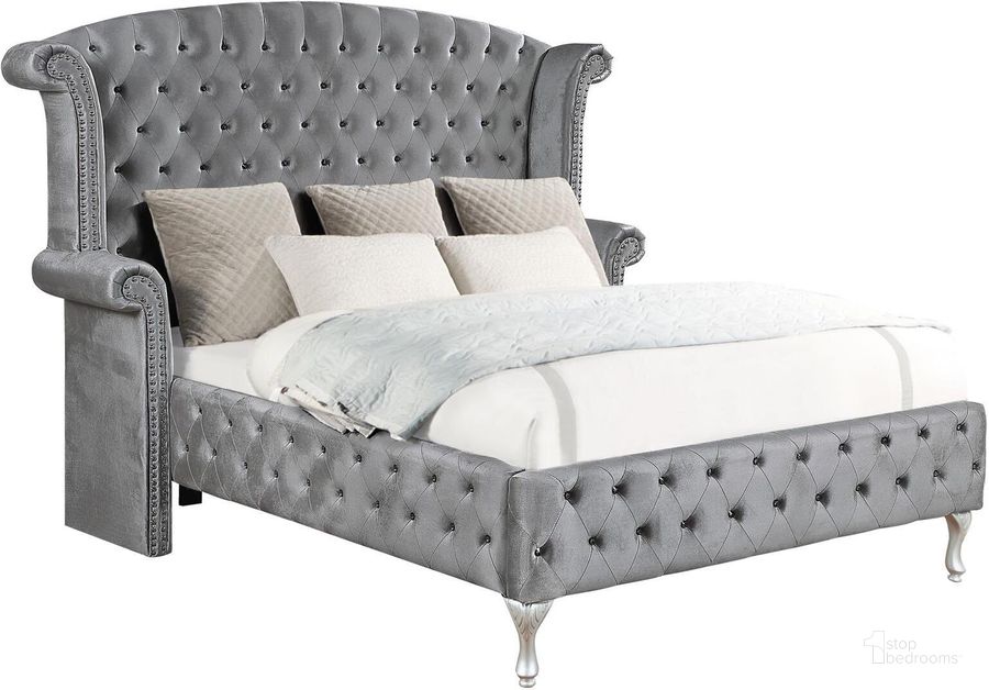 The appearance of Deanna Grey King Upholstered Platform Bed designed by Coaster in the modern / contemporary interior design. This gray piece of furniture  was selected by 1StopBedrooms from Deanna Collection to add a touch of cosiness and style into your home. Sku: 205101KEB1;205101KEB2;205101KEB3. Bed Type: Platform Bed. Material: Fabric. Product Type: Platform Bed. Bed Size: King. Image1