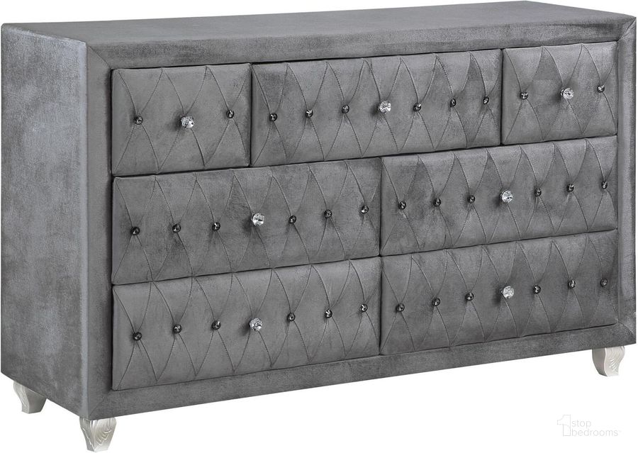 The appearance of Deanna Grey Upholstered Dresser designed by Coaster in the modern / contemporary interior design. This gray piece of furniture  was selected by 1StopBedrooms from Deanna Collection to add a touch of cosiness and style into your home. Sku: 205103. Material: Fabric. Product Type: Dresser. Image1