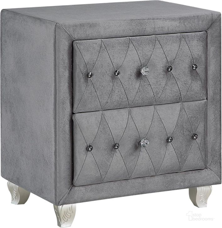 The appearance of Deanna Grey Upholstered Nightstand designed by Coaster in the modern / contemporary interior design. This gray piece of furniture  was selected by 1StopBedrooms from Deanna Collection to add a touch of cosiness and style into your home. Sku: 205102. Material: Fabric. Product Type: Nightstand. Image1