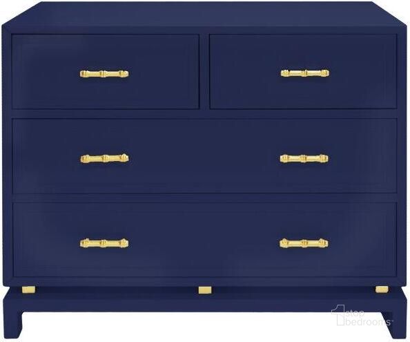 The appearance of Declan Navy Lacquer 4 Drawer Chest designed by Worlds Away in the modern / contemporary interior design. This blue piece of furniture  was selected by 1StopBedrooms from Declan Collection to add a touch of cosiness and style into your home. Sku: DECLAN NVY. Material: Metal. Product Type: Chest. Image1
