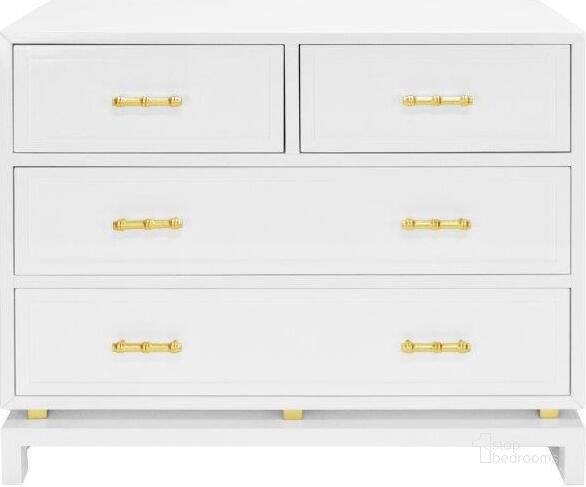 The appearance of Declan White Lacquer 4 Drawer Chest designed by Worlds Away in the modern / contemporary interior design. This white piece of furniture  was selected by 1StopBedrooms from Declan Collection to add a touch of cosiness and style into your home. Sku: DECLAN WH. Material: Metal. Product Type: Chest. Image1