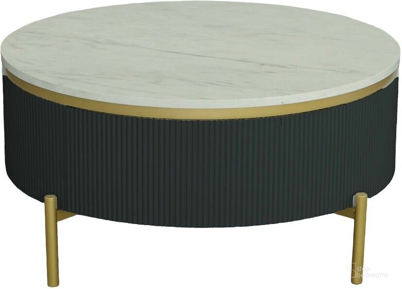 The appearance of Deco District Round Cocktail Table In Noir designed by Progressive Furniture in the transitional interior design. This noir piece of furniture  was selected by 1StopBedrooms from Deco District Collection to add a touch of cosiness and style into your home. Sku: T135-01. Material: Faux Marble. Product Type: Cocktail Table. Image1