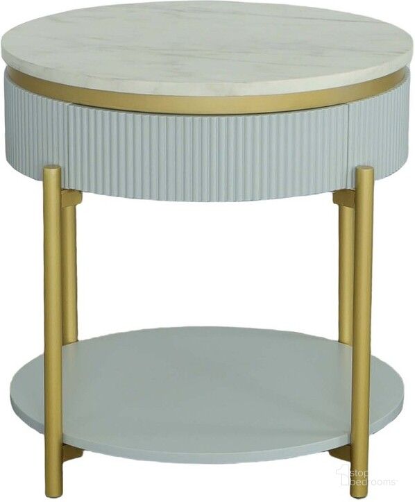 The appearance of Deco District Round End Table In Mist designed by Progressive Furniture in the transitional interior design. This mist piece of furniture  was selected by 1StopBedrooms from Deco District Collection to add a touch of cosiness and style into your home. Sku: T134-04. Material: Faux Marble. Product Type: End Table. Image1