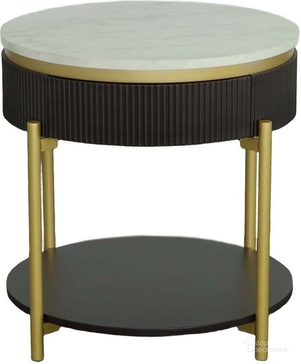 The appearance of Deco District Round End Table In Noir designed by Progressive Furniture in the transitional interior design. This noir piece of furniture  was selected by 1StopBedrooms from Deco District Collection to add a touch of cosiness and style into your home. Sku: T135-04. Material: Faux Marble. Product Type: End Table. Image1