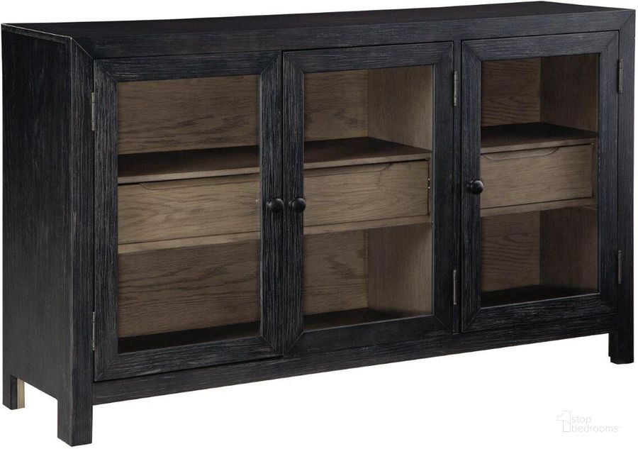 The appearance of Deep Creek Black and Gray Accent Chest and Cabinet 0qd24494074 designed by Off 5th Home in the transitional interior design. This black and gray piece of furniture  was selected by 1StopBedrooms from Deep Creek Collection to add a touch of cosiness and style into your home. Sku: A4000508. Material: Glass. Product Type: Accent Cabinet. Image1