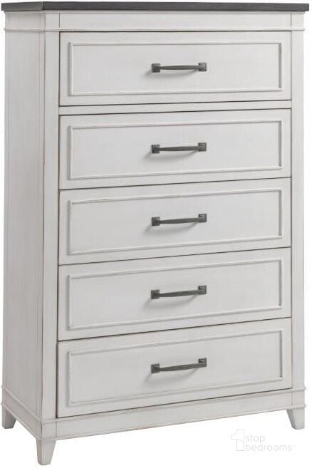 The appearance of Del Mar 5 Drawer Chest In White With Grey Top designed by Martin Svensson Home in the coastal interior design. This white and grey piece of furniture  was selected by 1StopBedrooms from Del Mar Collection to add a touch of cosiness and style into your home. Sku: 6802925. Product Type: Chest. Material: Wood Veneer. Image1
