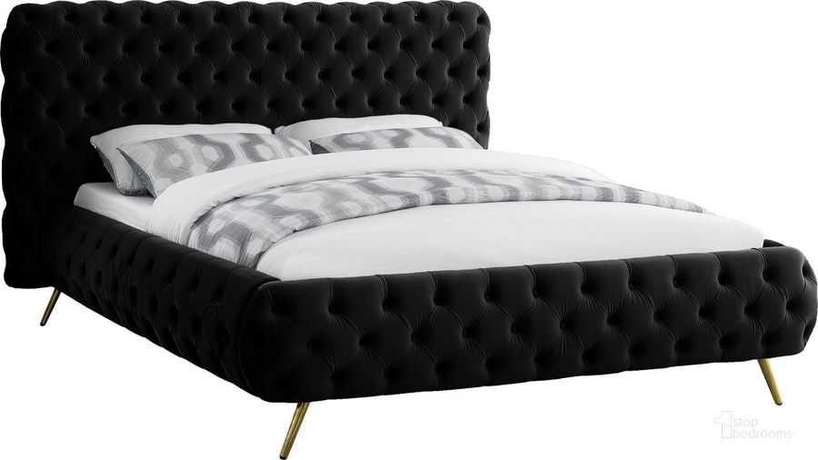 The appearance of Delano Black Velvet King Bed DelanoBlack-K designed by Meridian in the modern / contemporary interior design. This black velvet piece of furniture  was selected by 1StopBedrooms from Delano Collection to add a touch of cosiness and style into your home. Sku: DelanoBlack-K-1;DelanoBlack-K-2. Bed Type: Platform Bed. Product Type: Platform Bed. Bed Size: King. Material: Velvet. Image1