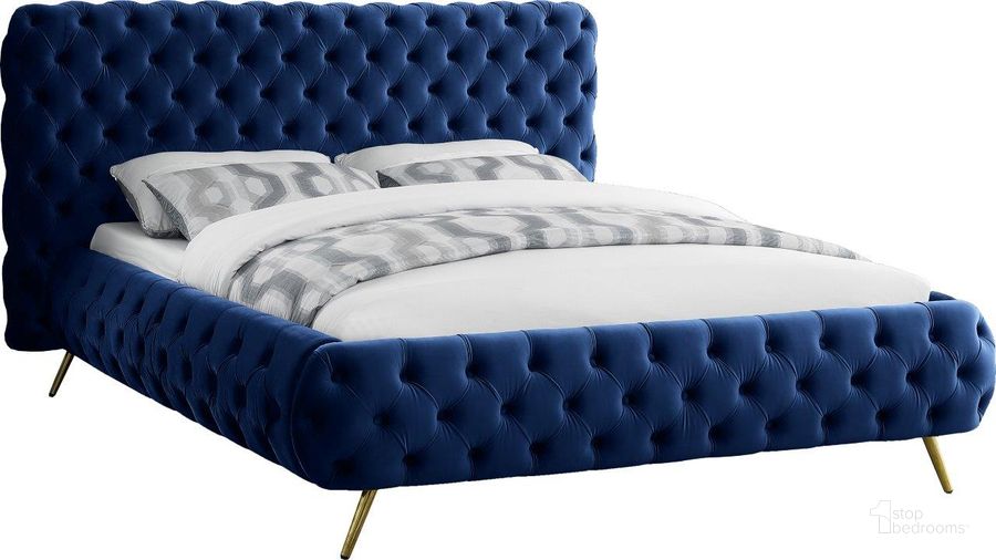 The appearance of Delano Navy Velvet Queen Bed designed by Meridian in the modern / contemporary interior design. This navy velvet piece of furniture  was selected by 1StopBedrooms from Delano Collection to add a touch of cosiness and style into your home. Sku: DelanoNavy-Q-1;DelanoNavy-Q-2. Bed Type: Platform Bed. Product Type: Platform Bed. Bed Size: Queen. Material: Velvet. Image1