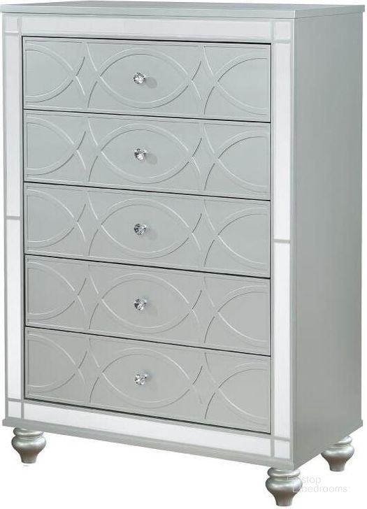 The appearance of Delfine Silver Chest designed by Isaac Tahari in the transitional interior design. This silver piece of furniture  was selected by 1StopBedrooms from Delfine Collection to add a touch of cosiness and style into your home. Sku: 223215. Product Type: Chest. Material: MDF. Image1