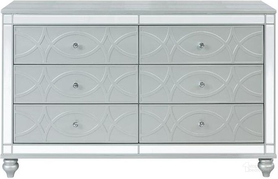 The appearance of Delfine Silver Dresser designed by Isaac Tahari in the transitional interior design. This silver piece of furniture  was selected by 1StopBedrooms from Delfine Collection to add a touch of cosiness and style into your home. Sku: 223213. Product Type: Dresser. Material: MDF. Image1