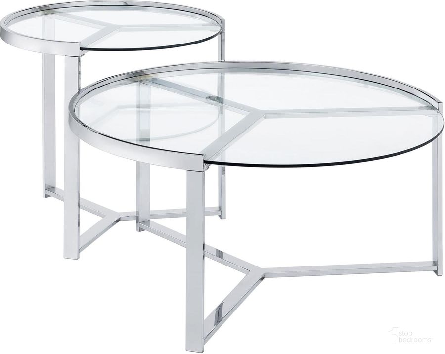The appearance of Delia 2-Piece Round Glass Top Nesting Coffee Table In Clear and Chrome designed by Coaster in the modern / contemporary interior design. This clear/chrome piece of furniture  was selected by 1StopBedrooms from Delia Collection to add a touch of cosiness and style into your home. Sku: 708400. Material: Metal. Product Type: Nesting Table. Image1