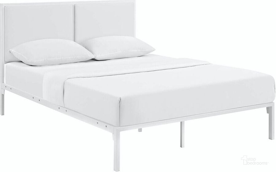 The appearance of Della King Vinyl Bed In White designed by Modway in the modern / contemporary interior design. This white piece of furniture  was selected by 1StopBedrooms from Della Collection to add a touch of cosiness and style into your home. Sku: MOD-5464-WHI-WHI. Bed Type: Platform Bed. Product Type: Platform Bed. Bed Size: King. Material: Foam. Image1