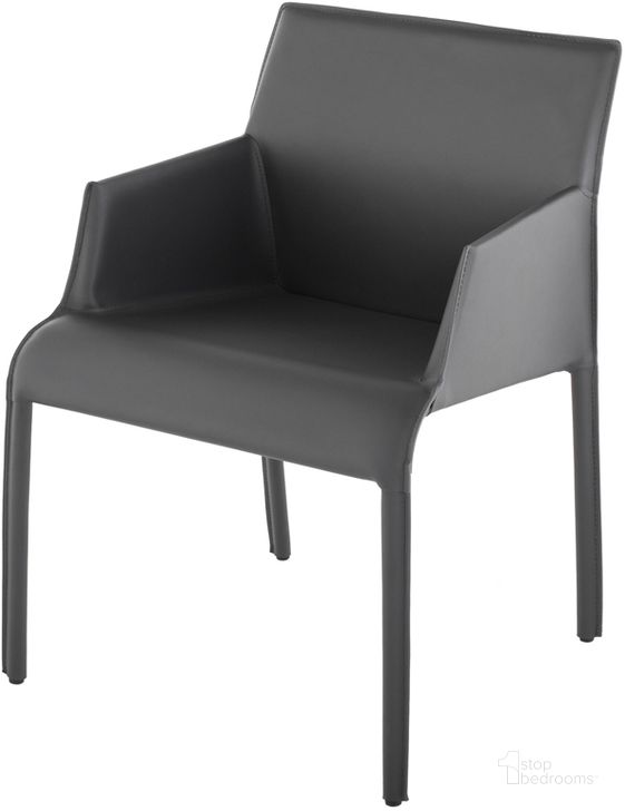 The appearance of Delphine Dark Grey Leather Dining Chair HGND218 designed by Nuevo in the modern / contemporary interior design. This dark grey piece of furniture  was selected by 1StopBedrooms from Delphine Collection to add a touch of cosiness and style into your home. Sku: HGND218. Material: Leather. Product Type: Dining Chair. Image1