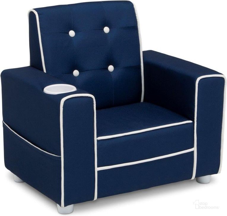 The appearance of Delta Children Chelsea Kids Upholstered Chair With Cup Holder In Blue designed by Delta Children in the modern / contemporary interior design. This blue piece of furniture  was selected by 1StopBedrooms from Chelsea Collection to add a touch of cosiness and style into your home. Sku: UP83670GN-289C. Material: Wood. Product Type: Kids Chair. Image1