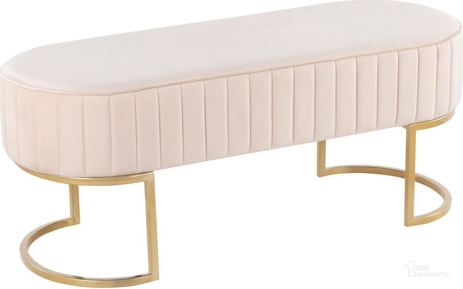 The appearance of Demi Glam Pleated Bench In Gold Steel And Cream Velvet designed by Lumisource in the modern / contemporary interior design. This gold piece of furniture  was selected by 1StopBedrooms from Demi Collection to add a touch of cosiness and style into your home. Sku: BC-DEMIPLT AUVCR. Product Type: Bench. Material: Velvet. Image1