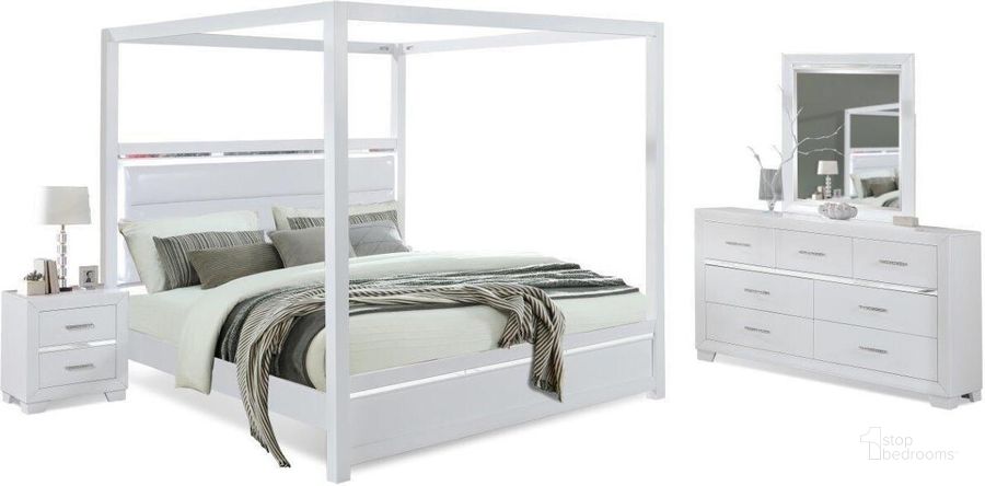 The appearance of Denali 4 Piece Queen Canopy Faux Leather With Led Light Bedroom Set In White designed by US Tamex in the modern / contemporary interior design. This white piece of furniture  was selected by 1StopBedrooms from Denali Collection to add a touch of cosiness and style into your home. Sku: 52556Q-HF;52556Q-RS;52556-NS;52556-DR;52556-MR. Material: Wood. Product Type: Bedroom Set. Image1