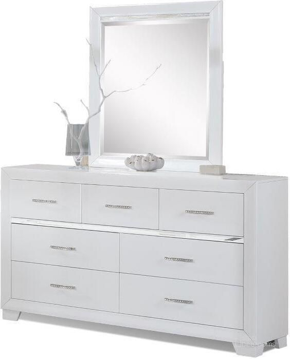 The appearance of Denali Dresser and Mirror In White designed by US Tamex in the modern / contemporary interior design. This white piece of furniture  was selected by 1StopBedrooms from Denali Collection to add a touch of cosiness and style into your home. Sku: 52556-MR;52556-DR. Material: Wood. Product Type: Dresser and Mirror. Image1