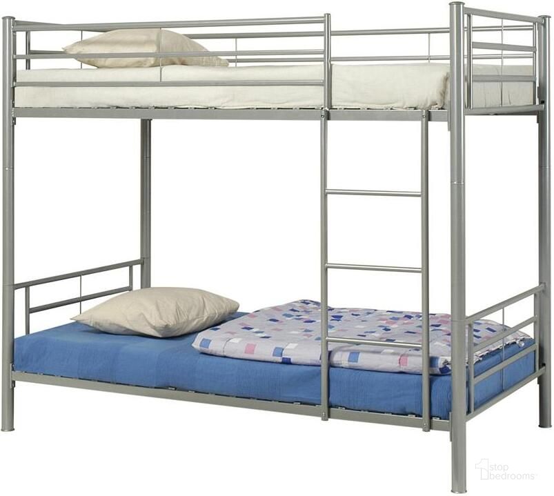 The appearance of Denley Silver Metal Twin Over Twin Bunk Bed designed by Coaster in the modern / contemporary interior design. This silver piece of furniture  was selected by 1StopBedrooms from Denley Collection to add a touch of cosiness and style into your home. Sku: 460072. Bed Type: Bunk Bed. Material: Metal. Product Type: Bunk Bed. Bed Size: Twin Over Twin. Image1